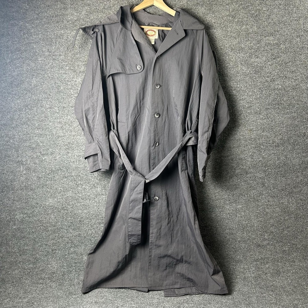 Vintage Banana Republic Coat Mens XS Gray Nylon Hooded Rain Trench Belted 80s